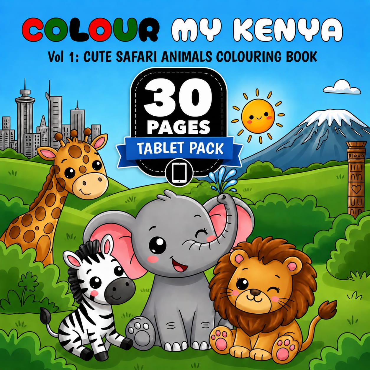 COLOUR MY KENYA – Vol. 1: Cute Safari Animals Colouring Book | 30 Pages | Tablet Pack